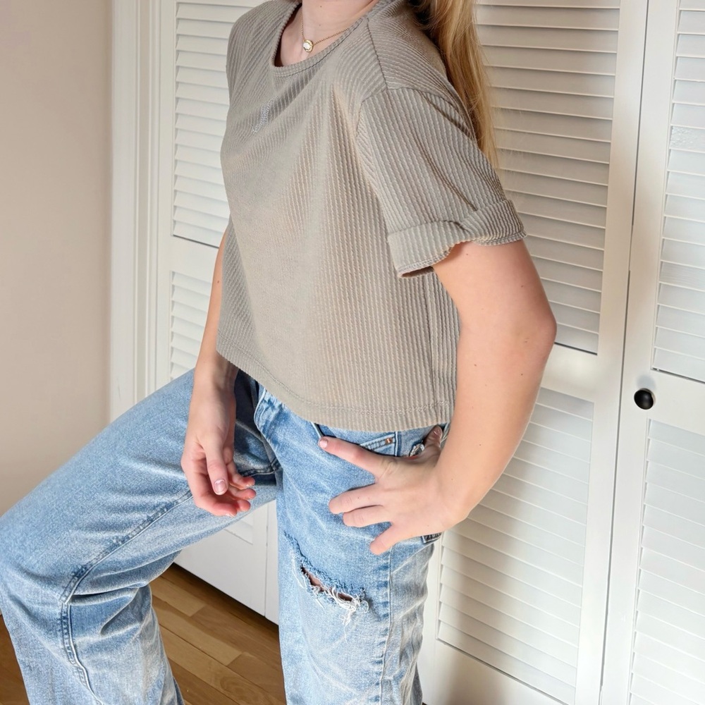 Gray Cropped Ribbed Tee - Picture 3 of 4